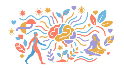 Obraz premium Brain & People, Wavy Flow, Meditating, Moving, Mental Health, Balance, Flat Colorful Vector Illustration