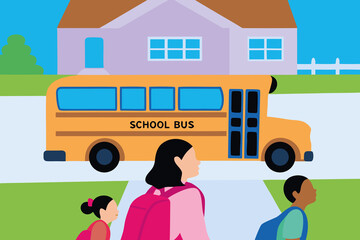 Kids walking home in neighborhood near a school bus
