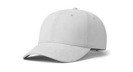 Fototapeta premium A white baseball cap with a structured front panel and a curved brim, positioned against a plain white background. The cap appears to be made of a smooth, possibly 