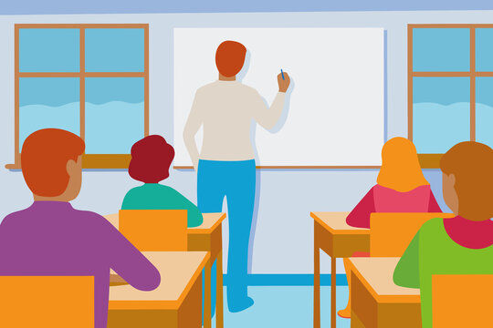 Morning classroom lesson with teacher and diverse students