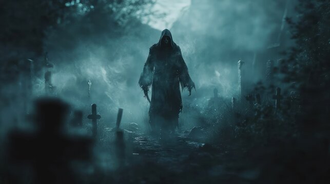 Grim reaper silhouette in spooky cemetery