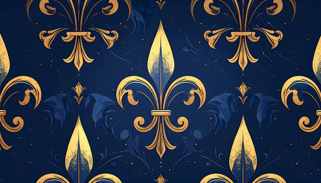 Seamless wallpaper pattern of a simplified fleur de lis motif in navy blue and gold for classic regal generative AI