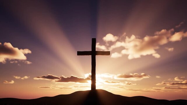 Good Friday 2026 solemn scene, silhouette of a wooden cross on a hill at sunset, dramatic golden light, soft clouds, cinematic atmosphere, deep shadows, realistic photography style, spiritual and emot