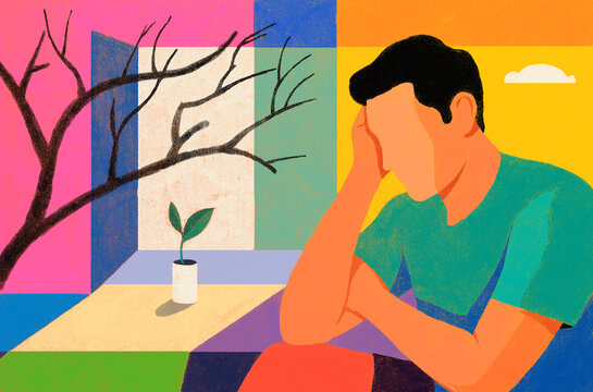 Contemplative man in abstract room with plant and branch