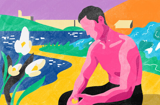 Contemplative man in abstract landscape by water and hills