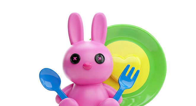 Pink Bunny with Spoon, Fork, and Plate