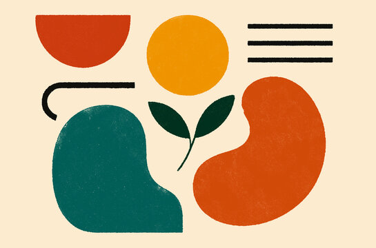 Warm geometric abstract forms with leaves and earthy tones
