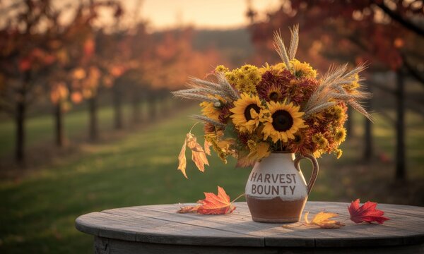 A vibrant autumnal bouquet sits on a weathered wooden table, framed by colorful foliage