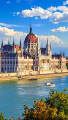 Obraz premium A majestic riverfront building with a large dome and spires