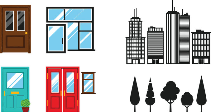 Flat vector icon set featuring doors, windows, city buildings skyline and tree silhouettes isolated on white background illustration