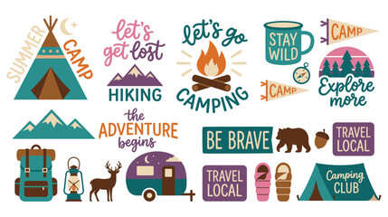 Camping and adventure themed stickers and icons vector collection. © NAZMA