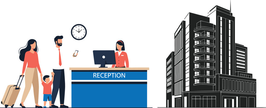 Hotel reception scene with family checking in at front desk and modern city building exterior vector illustration hospitality and travel concept