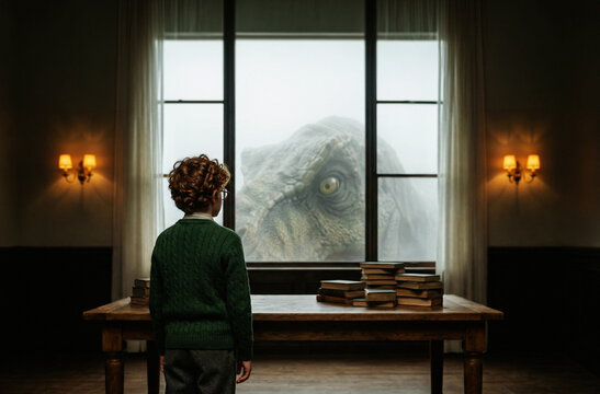 Boy watching A T-Rex eye through A misty window