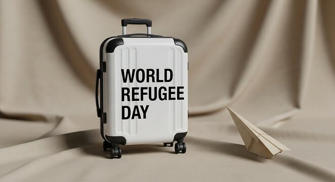 A white suitcase with world refugee day text on a beige fabric background with a paper airplane