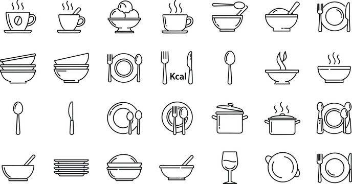 Minimal kitchen and dining line icon set featuring cups, bowls, plates, cutlery and cookware in clean outline vector illustration
