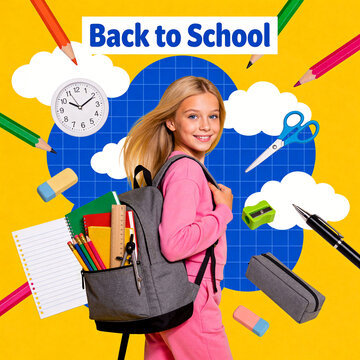 Joyful Young Girl with Backpack Surrounded by Vivid School Supplies for a Bright New Academic Year