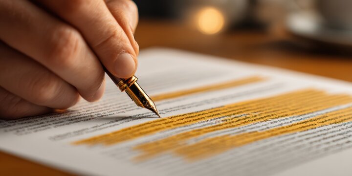 Close-up View of an Attorney Reviewing an Employment Non-Compete Document With Highlighted Sections on a Desk