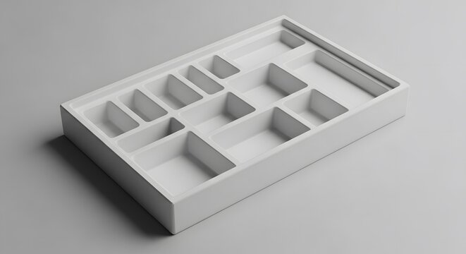 Empty white compartmentalized tray with various sized sections on a light gray background, ideal for organization concepts.