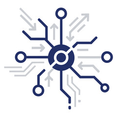 Obraz premium Central Data Hub and Connectivity Icon with Arrows and Nodes, Network Technology and Information Flow Vector