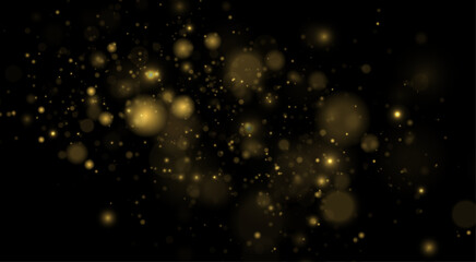 Yellow dust glimmers in glowing light with sparkle, shimmer, glitter bokeh. Twinkle particles, stardust highlights flare while sparks, lens flare, glare, magical festive glow, vector illustration. © Mirotvoric