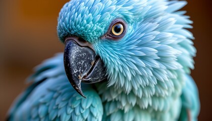 Fototapeta premium The image features a close up of a vibrant, blue parrot with detailed plumage. Its feathers are textured and layered, emphasizing the bird's striking color and intricate patterns