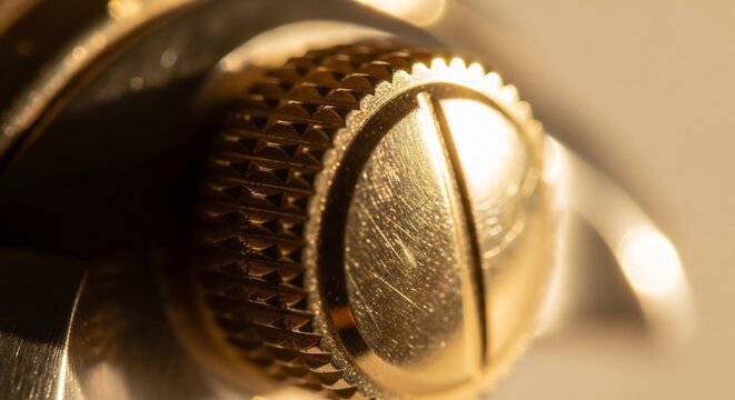 Close-up Macro Shot of a Brass Screw Head on a Textured Surface.