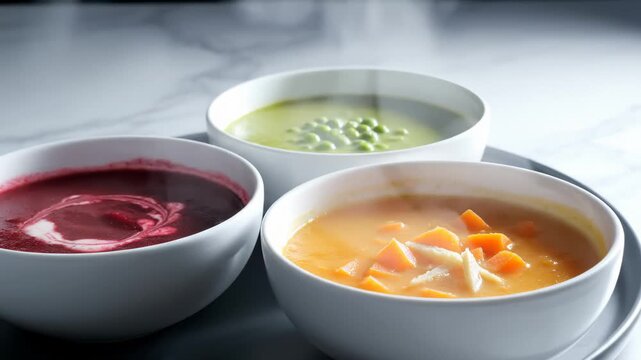 Three Bowls of Hot Soup, Beetroot, Carrot, and Pea Soup, Steaming on a Tray
