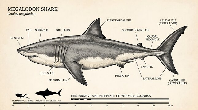 Vintage scientific illustration of a megalodon shark, detailing its anatomy with labels and a comparative size reference on a sepia background.