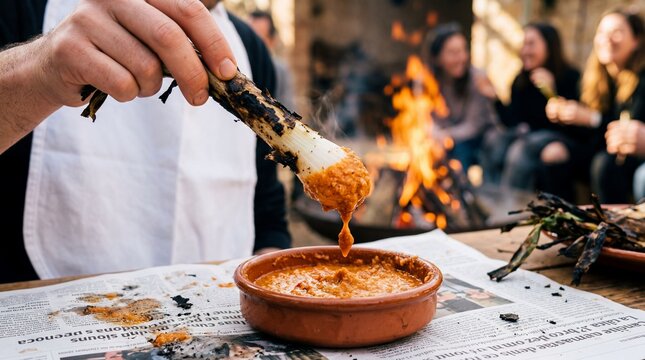 Dipping roasted calcot into romesco sauce during a traditional Spanish feast.
