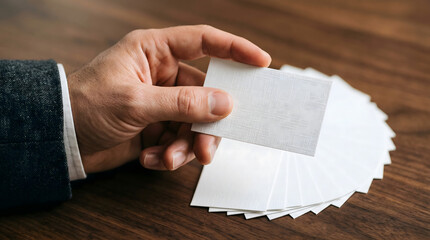 Obraz premium Businessman holding blank white business card mock-up, Close up of professional hand presenting white name card, Networking concept with businessman holding stack of blank cards