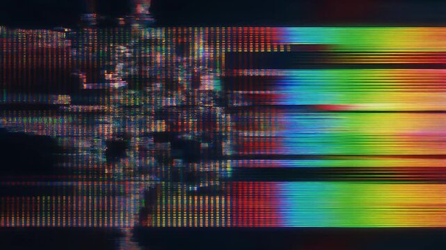 Corrupted digital screen glitch close-up fragmented pixels vibrant color shifts geometric distortions