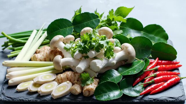 Hand Adding Fresh Cilantro to a Medley of Thai Ingredients Including Lemongrass, Galangal, Mushrooms, and Chili Peppers