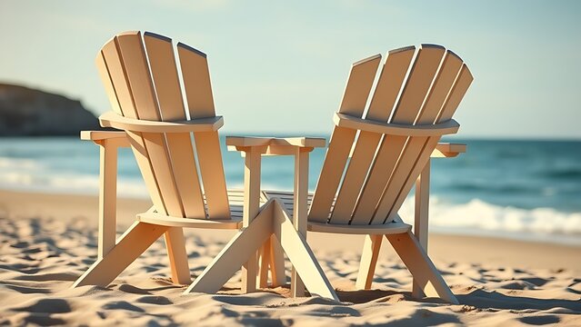 adirondack. Two beach chairs face the ocean on a sandy shore in the morning light. tourism brochures, itinerary planners, designed for hospitality marketing for hotel rooms and spa retreats.