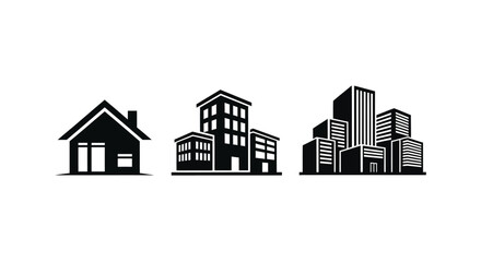 Black silhouettes of three buildings house mid rise and skyscraper silhouette © DELRUBA