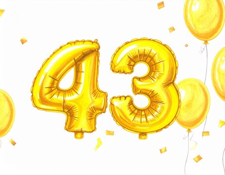 Pencil drawing of yellow number 43 balloon. Sketch for birthday or anniversary party