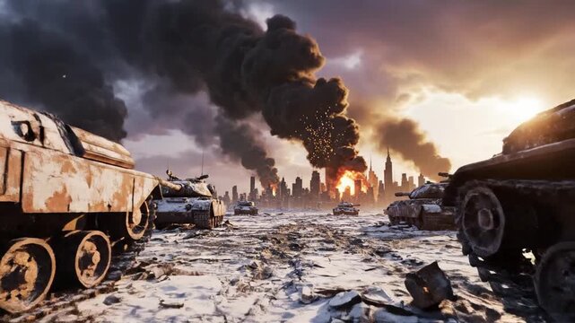 Snowy battlefield cluttered with ruined tanks facing a burning city, smoke swallows the far horizon