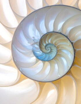Close-up of a pearly, spiraling chambered nautilus shell, showcasing detailed layers