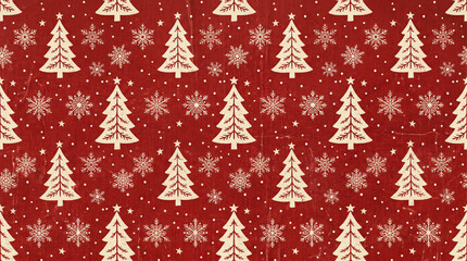 Obraz premium Classic red Christmas pattern with cream trees and snowflakes on distressed linen texture, vintage retro holiday background.