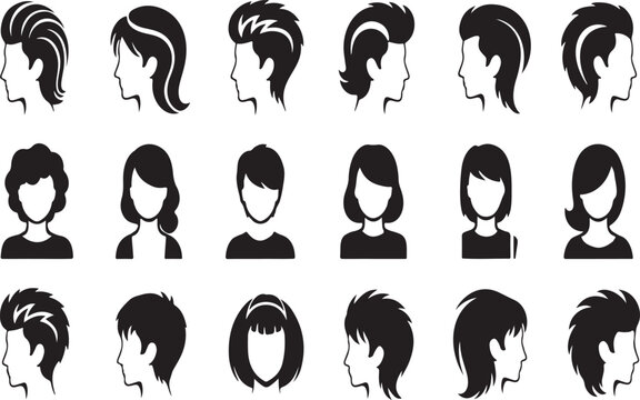 Collection of diverse hairstyles in black and white silhouette