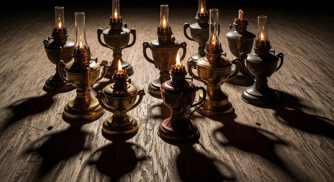 Collection of antique oil lamps casting dramatic shadows on a wooden surface.