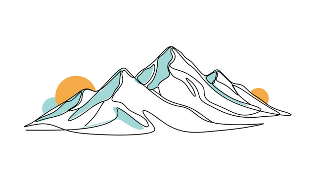Minimalist continuous one-line drawing of a mountain range with stylized sun or moon circles in teal and orange on a clean white background.