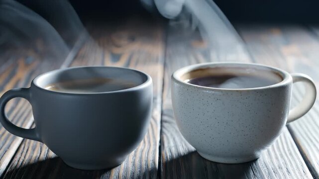 Two Cups of Hot Coffee Steaming on a Wooden Table, Close-Up