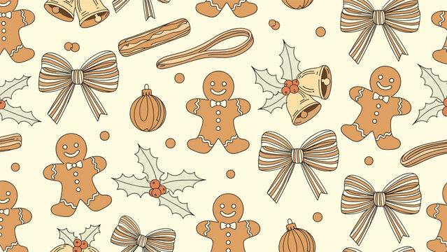 Festive seamless pattern featuring gingerbread men, bells, ornaments, and ribbons in warm tones on a cream background for holiday-themed design.