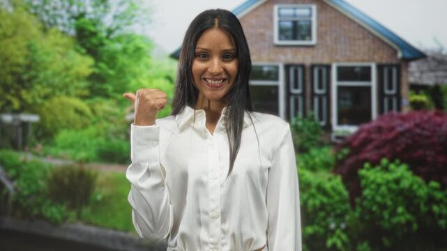 Woman points thumb to building, smiling in a white blouse amid a house garden; welcoming confidence.