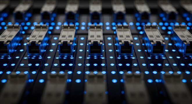 Rows of fiber optic transceiver modules glow with intense blue lights in a dark server rack indicating active data connections.