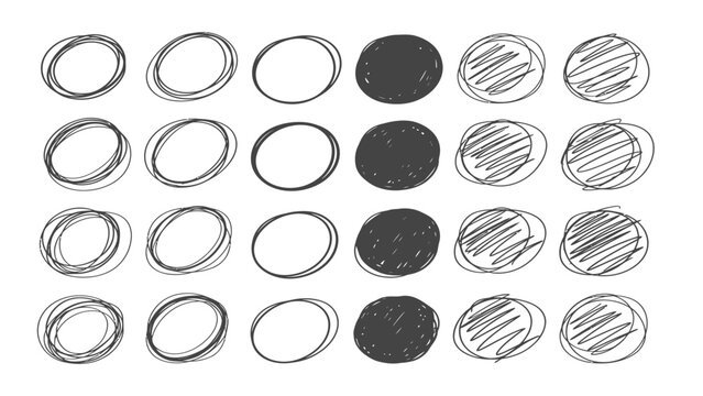 A black and white image of 25 ovals arranged in a grid pattern with varying line styles and shading