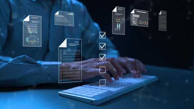 Futuristic digital document management concept showing a hand working on a laptop with virtual electronic files and checklists. Ideal for illustrating modern data processing, paperless workflow,