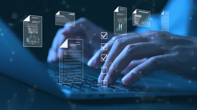 Futuristic digital document management concept showing a hand working on a laptop with virtual electronic files and checklists. Ideal for illustrating modern data processing, paperless workflow,