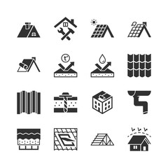 Roofing and roof construction, monochrome icons set. Roof types and materials, installation and repair, insulation and waterproofing, residential roofing systems. Black and white symbols style © Matsabe