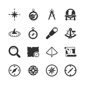 Navigation instruments and positioning tools, monochrome icons set. Compass, sextant, astrolabe, direction tools, orientation and navigation, exploration and geolocation. Black and white symbols